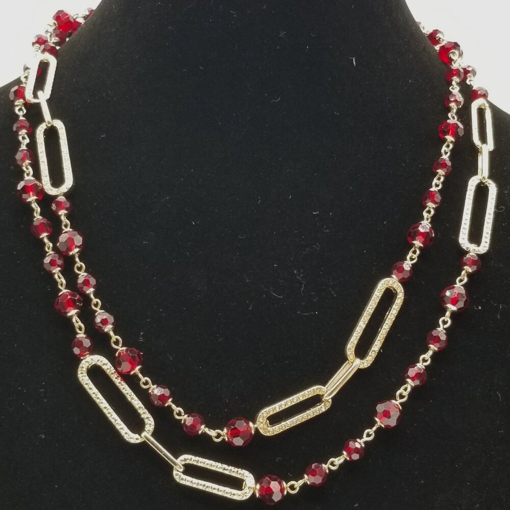 Ralph Lauren Czech Ruby Tone Beaded Gold Tone Accented Opera Length Necklace